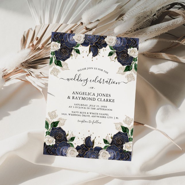 Convites Casamento Elegante com Flores Navy e Brancas (Criador carregado)
