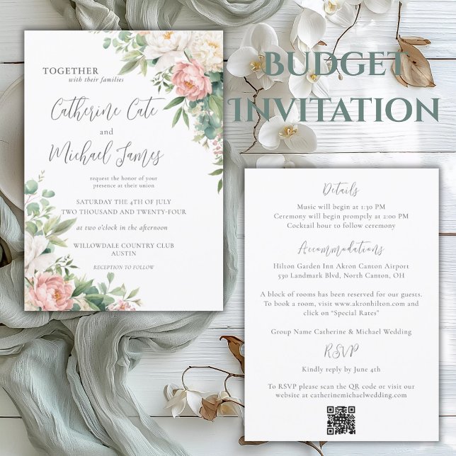 Convites Casamento Elegante com Flores Rosa e Marfim no Orç (Criador carregado)