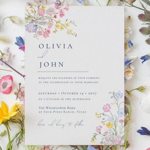 Convites Casamento Elegante com Flores Silvestres em Azul E