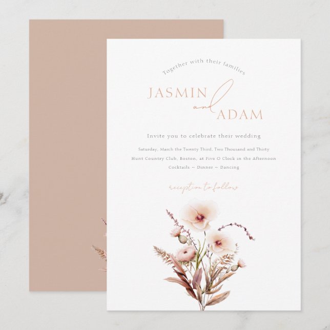 Convites Casamento Elegante com Flores Silvestres Neutras (Frente/Verso)