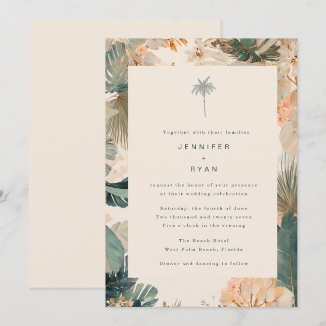 Convites Casamento Elegante com Folhas de Palmeira Tropical (Frente/Verso)