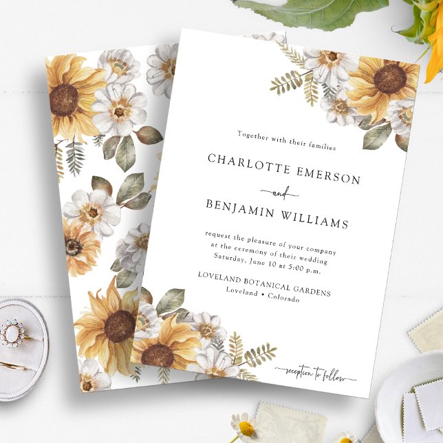Convites Casamento Elegante com Girassóis (Fall Sunflower Elegant Watercolor Floral Wedding Invitation by Painted Paperie
)