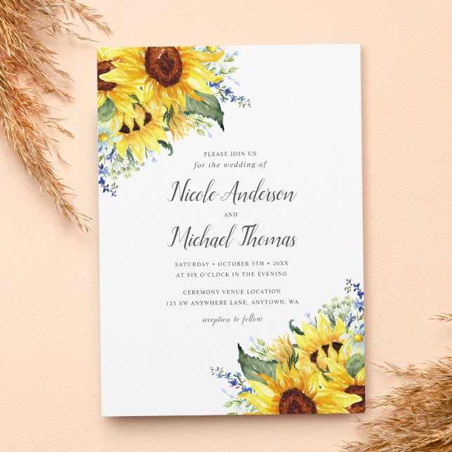 Convites Casamento Elegante com Girassóis em Aquarela (Criador carregado)