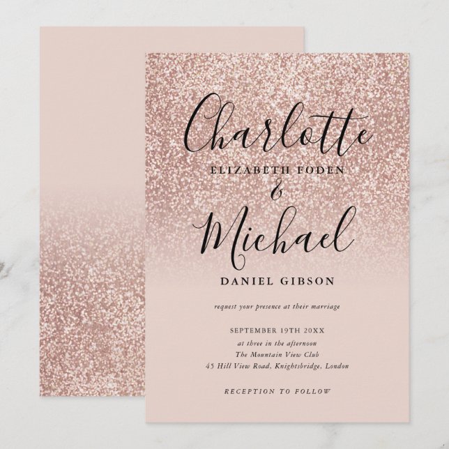 Convites Casamento Elegante com Glitter em Dourado Rosa (Frente/Verso)