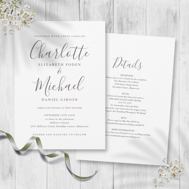 Convites Casamento Elegante com Grafia Chic Simples Branco  (Gray White Simple All In One Chic Script Wedding Invitation)