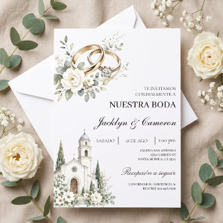 Convites Casamento elegante com Igreja, Anéis dourados