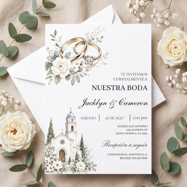 Convites Casamento elegante com Igreja, Anéis dourados (Criador carregado)