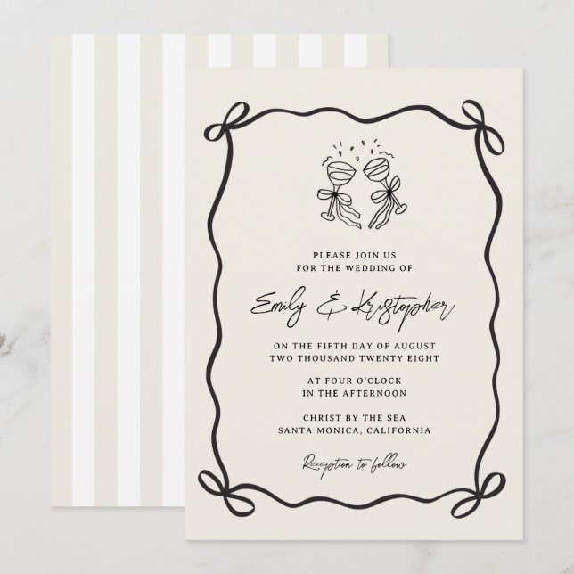 Convites Casamento Elegante com Laço Coquette em Listras de (Frente/Verso)