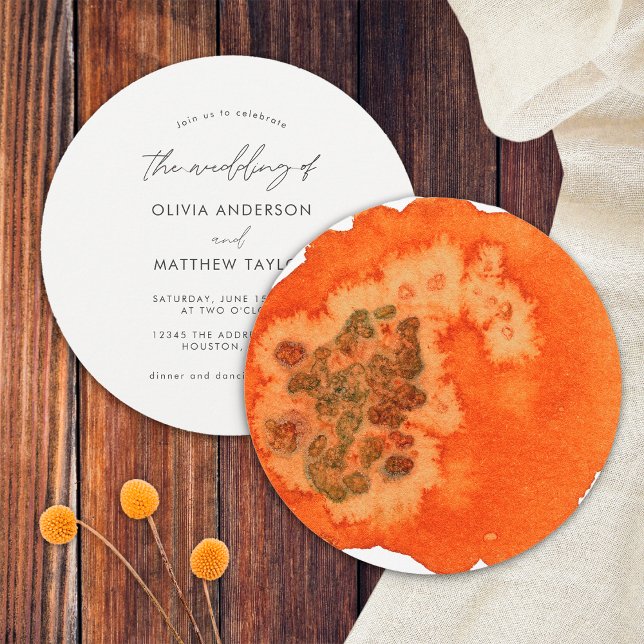 Convites Casamento Elegante com Laranja Queimado em Aquarel (Front/Back)