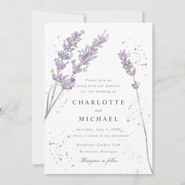 Convites Casamento elegante com lavanda de aquarela (Frente)
