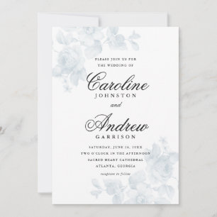 Convites Casamento Elegante com Letra Floral Azul Vintage