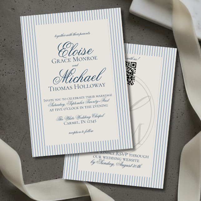 Convites Casamento Elegante com Listra Azul e Letra Antiga (Elegant Old Money Script Blue Stripe Wedding Invitation)