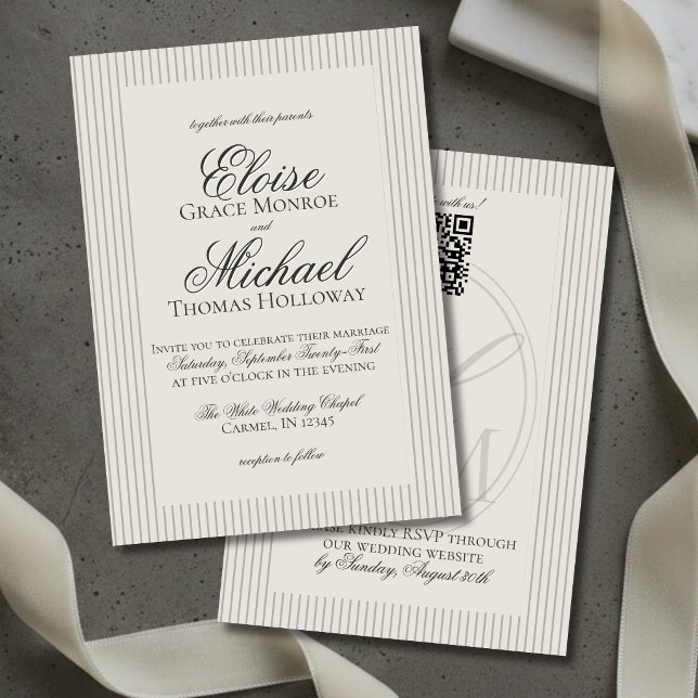 Convites Casamento Elegante com Listra Neutra em Script Old (Elegant Old Money Script Neutral Stripe Wedding Invitation)