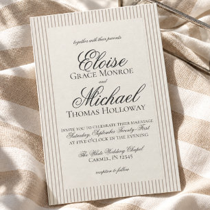 Convites Casamento Elegante com Listra Neutra em Script Old