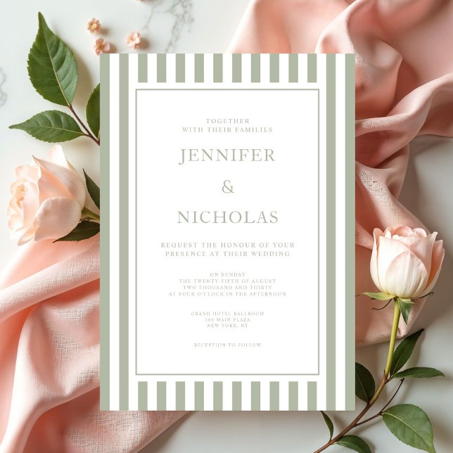 Convites Casamento Elegante com Listras em Verde Salvia (Elegant Sage Green Stripes Wedding Invitation)