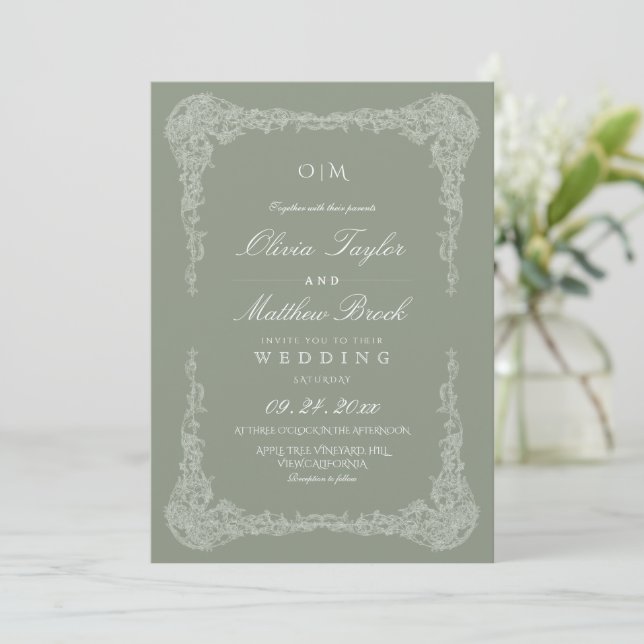 Convites Casamento Elegante com Moldura Francesa em Verde S (Em pé/Frente)