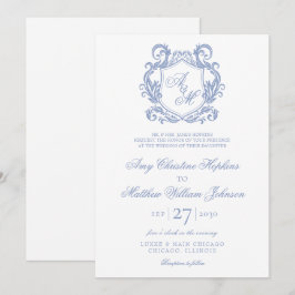 Convites Casamento Elegante com Monograma e Brasão em Azul