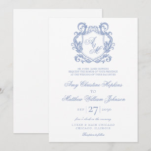 Convites Casamento Elegante com Monograma e Brasão em Azul