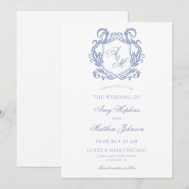 Convites Casamento Elegante com Monograma e Brasão em Azul  (Frente/Verso)