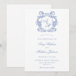 Convites Casamento Elegante com Monograma e Brasão em Azul