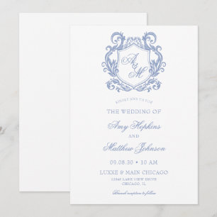 Convites Casamento Elegante com Monograma e Brasão em Azul