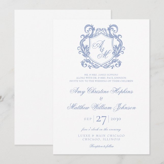 Convites Casamento Elegante com Monograma e Brasão em Azul  (Frente/Verso)