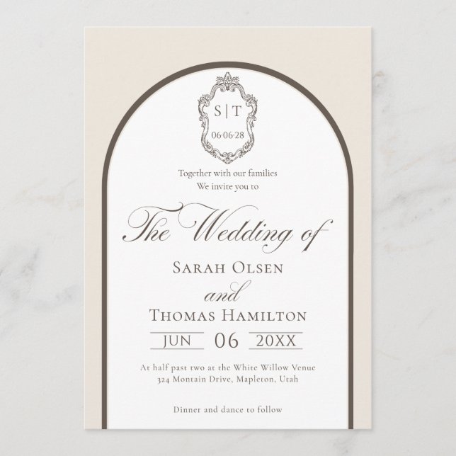 Convites Casamento Elegante com Monograma em Mocha e Creme (Frente)