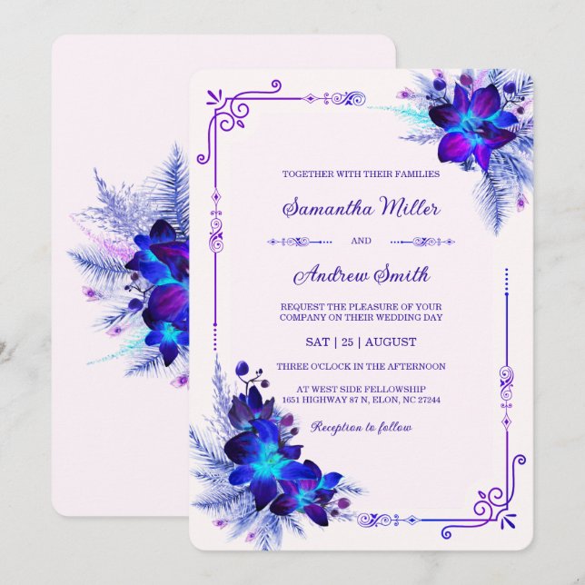 Convites Casamento Elegante com Orquídeas Azuis e Roxas (Frente/Verso)