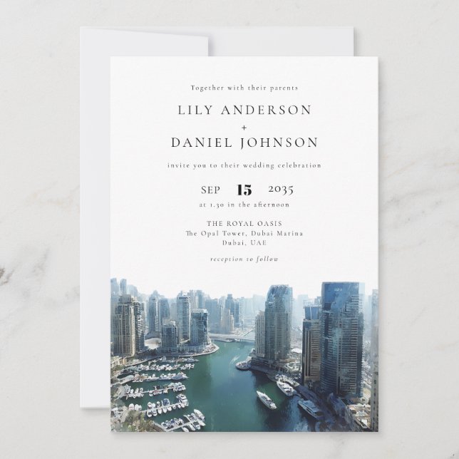 Convites Casamento Elegante com Paisagem de Dubai em Aquare (Frente)