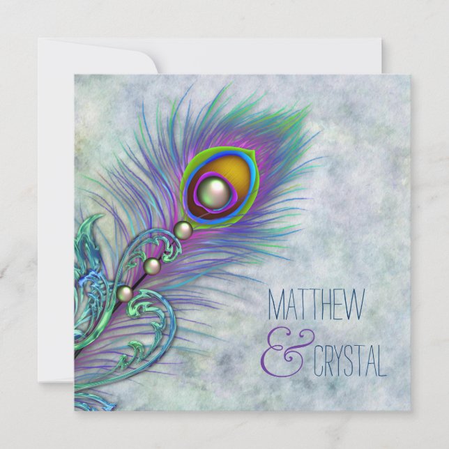 Convites Casamento Elegante com Pavão em Aquarela (Frente)