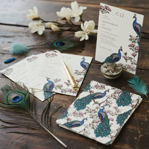 Convites Casamento Elegante com Pavão Floral de Marfim