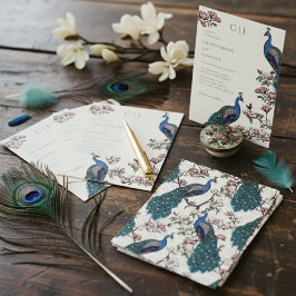 Convites Casamento Elegante com Pavão Floral Marfim