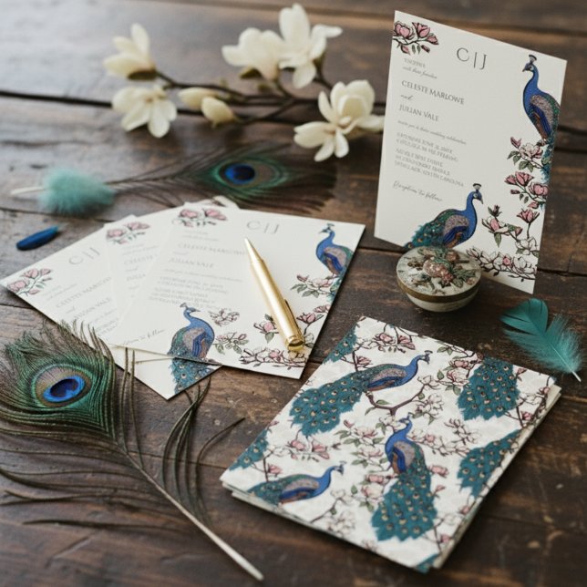 Convites Casamento Elegante com Pavão Floral Marfim (Chic Floral Peacock Wedding Invite. Elegant Bird and Flower Pattern for Peacock Theme Wedding.)