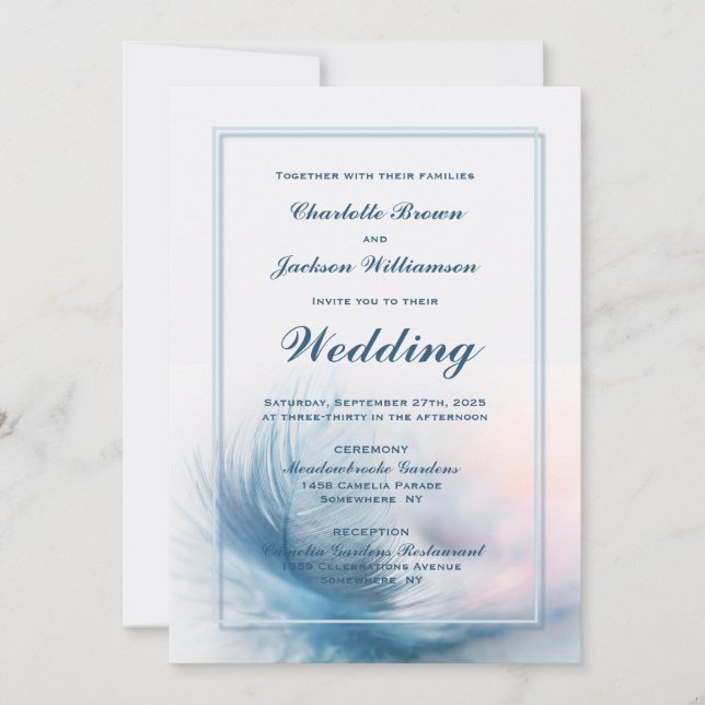 Convites Casamento Elegante com Pena Azul (Frente)
