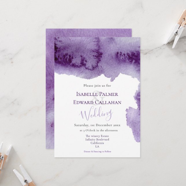Convites Casamento Elegante com respingo de aquarela violet (Frente/Verso In Situ)