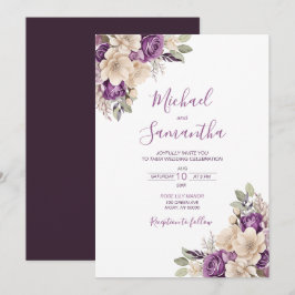 Convites Casamento Elegante com Rosa Roxa e Marfim