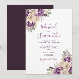 Convites Casamento Elegante com Rosa Roxa e Marfim