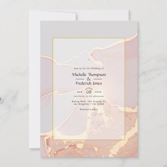 Convites Casamento Elegante com Tinta Alcoólica Rosa Dourad (Frente)