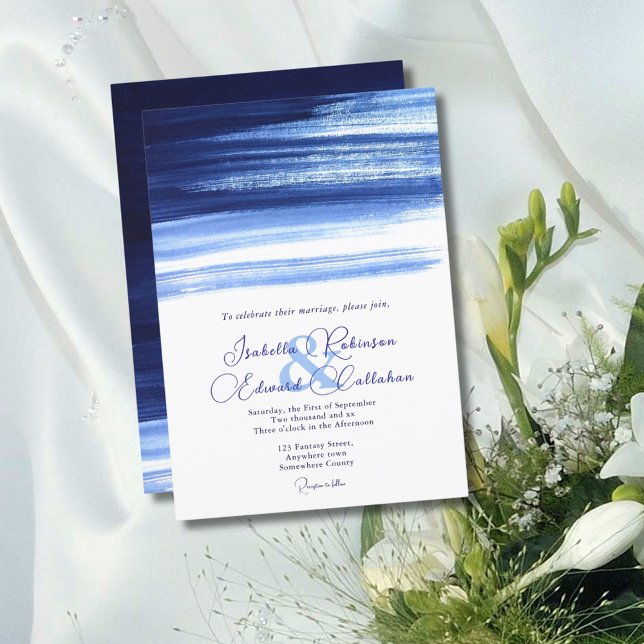Convites Casamento Elegante com Traços de Pincel em Azul Ma (Criador carregado)