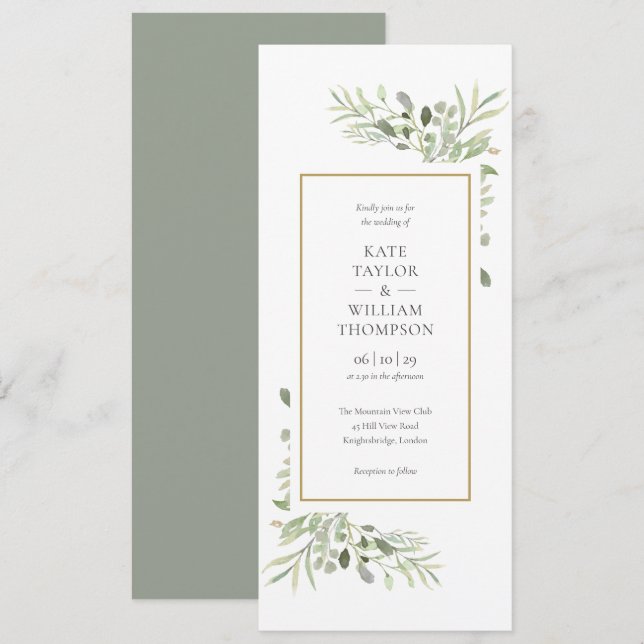 Convites Casamento Elegante com Vegetação em Aquarela (Frente/Verso)