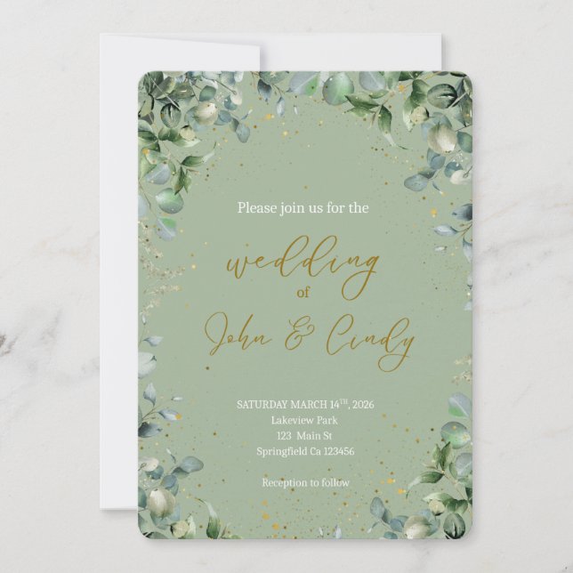 Convites Casamento Elegante com Verde Botânico e Poeira Dou (Frente)