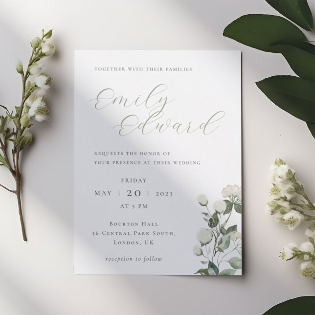 Convites Casamento Elegante com Verde Oliva e Florais Branc (Criador carregado)
