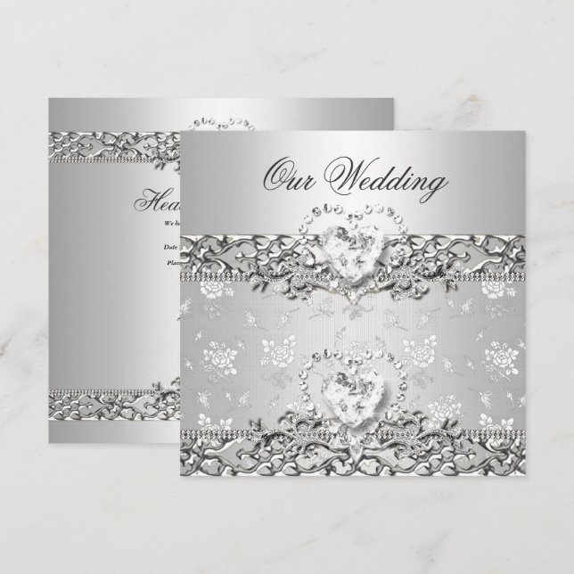 Convites Casamento Elegante Coração de Diamante Branco Prat (Frente/Verso)