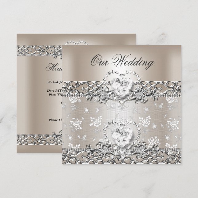 Convites Casamento Elegante Coração de Diamante Prata Creme (Frente/Verso)