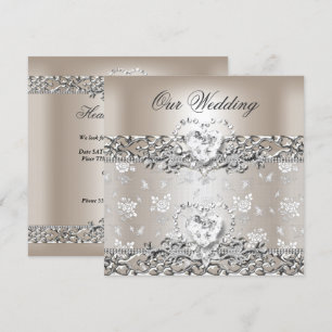 Convites Casamento Elegante Coração de Diamante Prata Creme