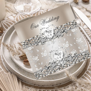 Convites Casamento Elegante Coração de Diamante Prata Creme