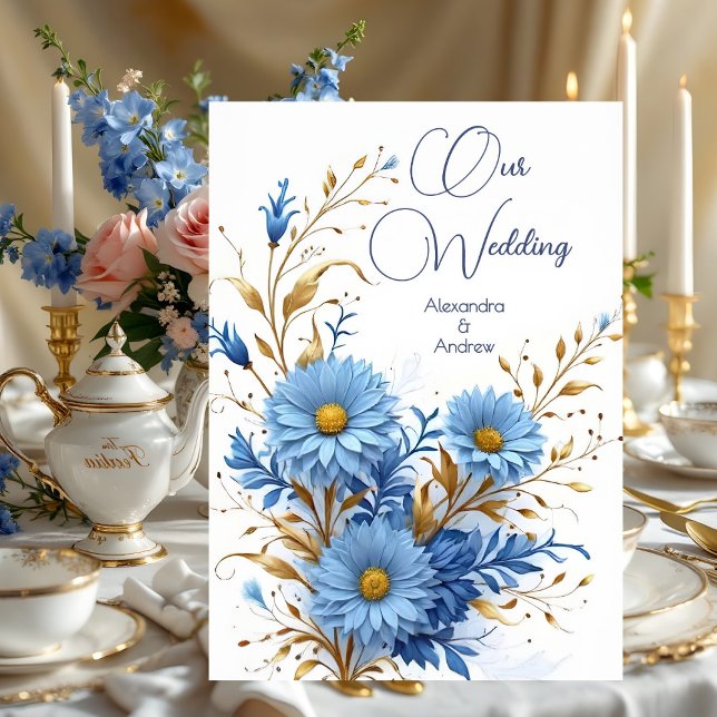 Convites Casamento Elegante Cornflower Azul Dourado Florais (Criador carregado)