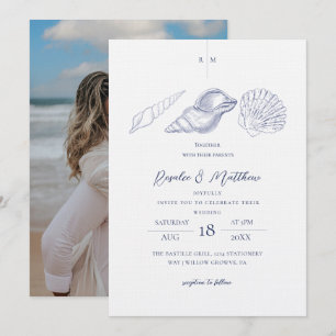 Convites Casamento Elegante Costeiro Azul e Branco Conchas