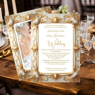 Convites Casamento Elegante Creme Bege Dourado Foto