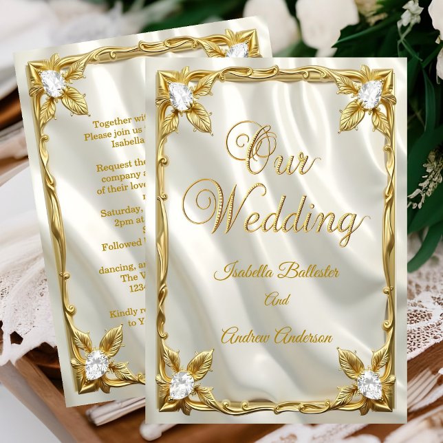 Convites Casamento Elegante Creme Branco Falso Seda Ouro Di (Criador carregado)
